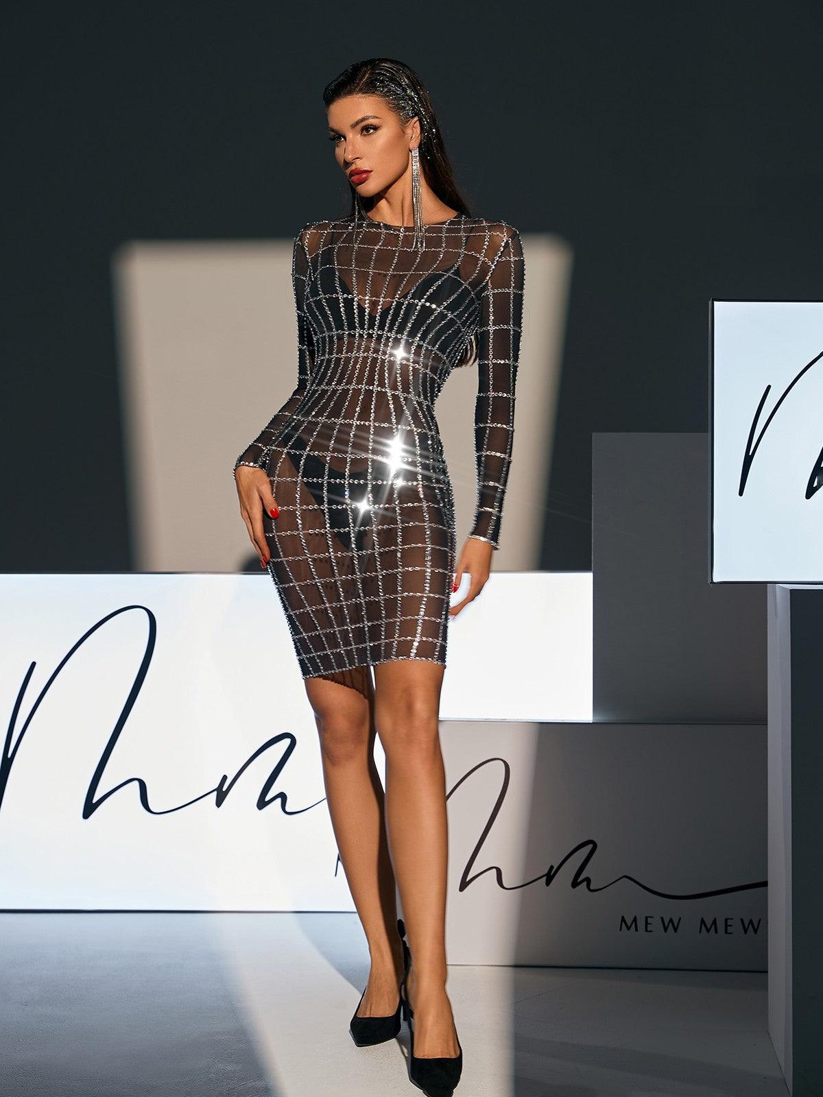 Luan Long Sleeve Net Rhinestone Mesh Dress - Mew Mews