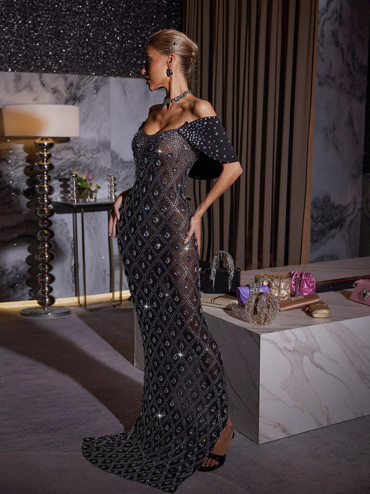 Lucca Rhinestone Mesh Maxi Dress - Mew Mews