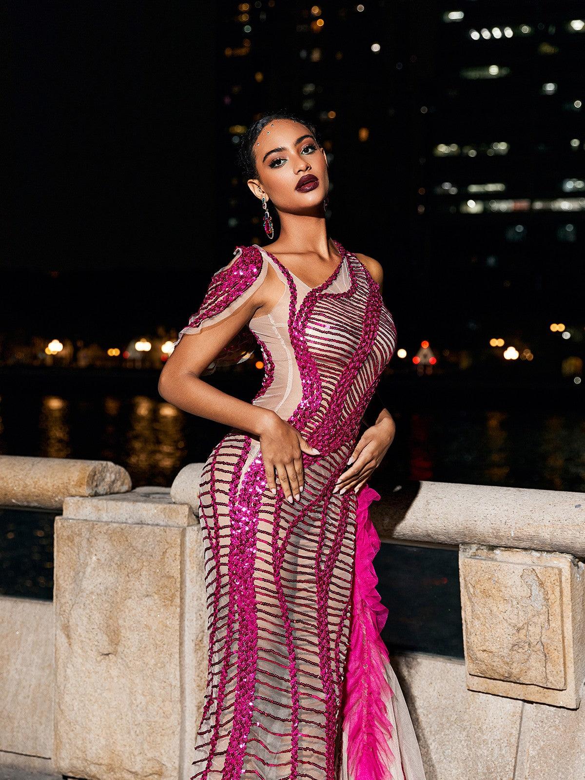 Lyda Draped Cutout Sequin Mesh Dress In Hot Pink - Mew Mews