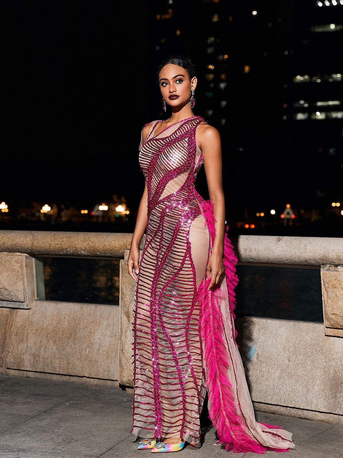 Lyda Draped Cutout Sequin Mesh Dress In Hot Pink - Mew Mews