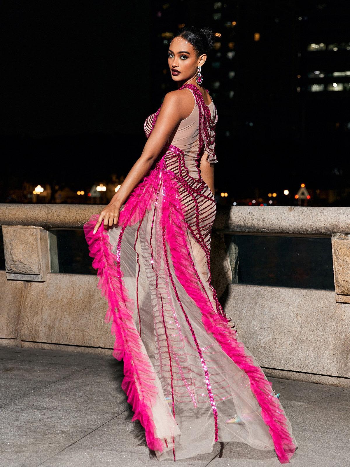 Lyda Draped Cutout Sequin Mesh Dress In Hot Pink - Mew Mews