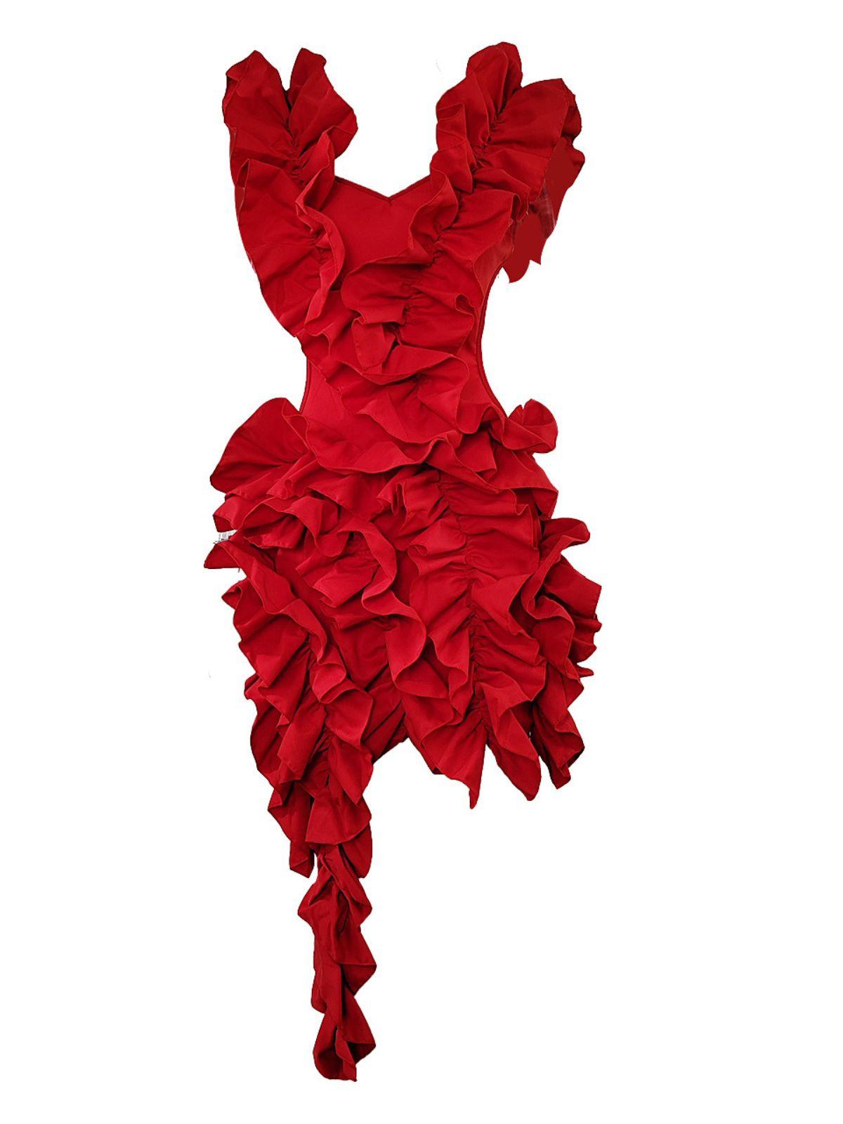 Margie Cutout Ruffle Tiered Dress In Red - Mew Mews