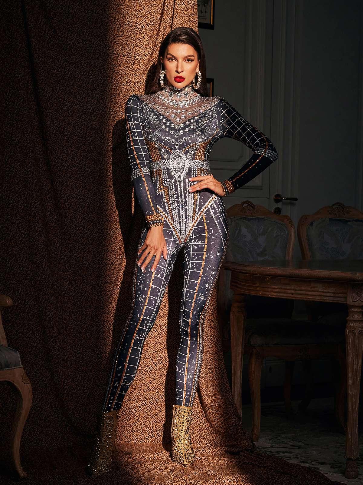 Micaela Printed Rhinestone Jumpsuit - Mew Mews