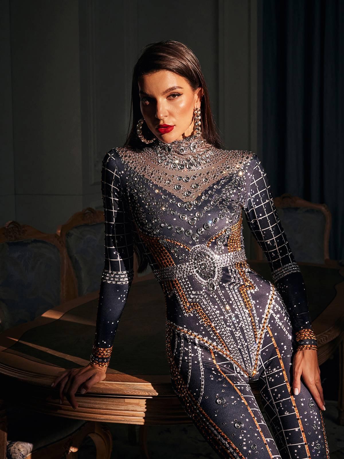 Micaela Printed Rhinestone Jumpsuit - Mew Mews