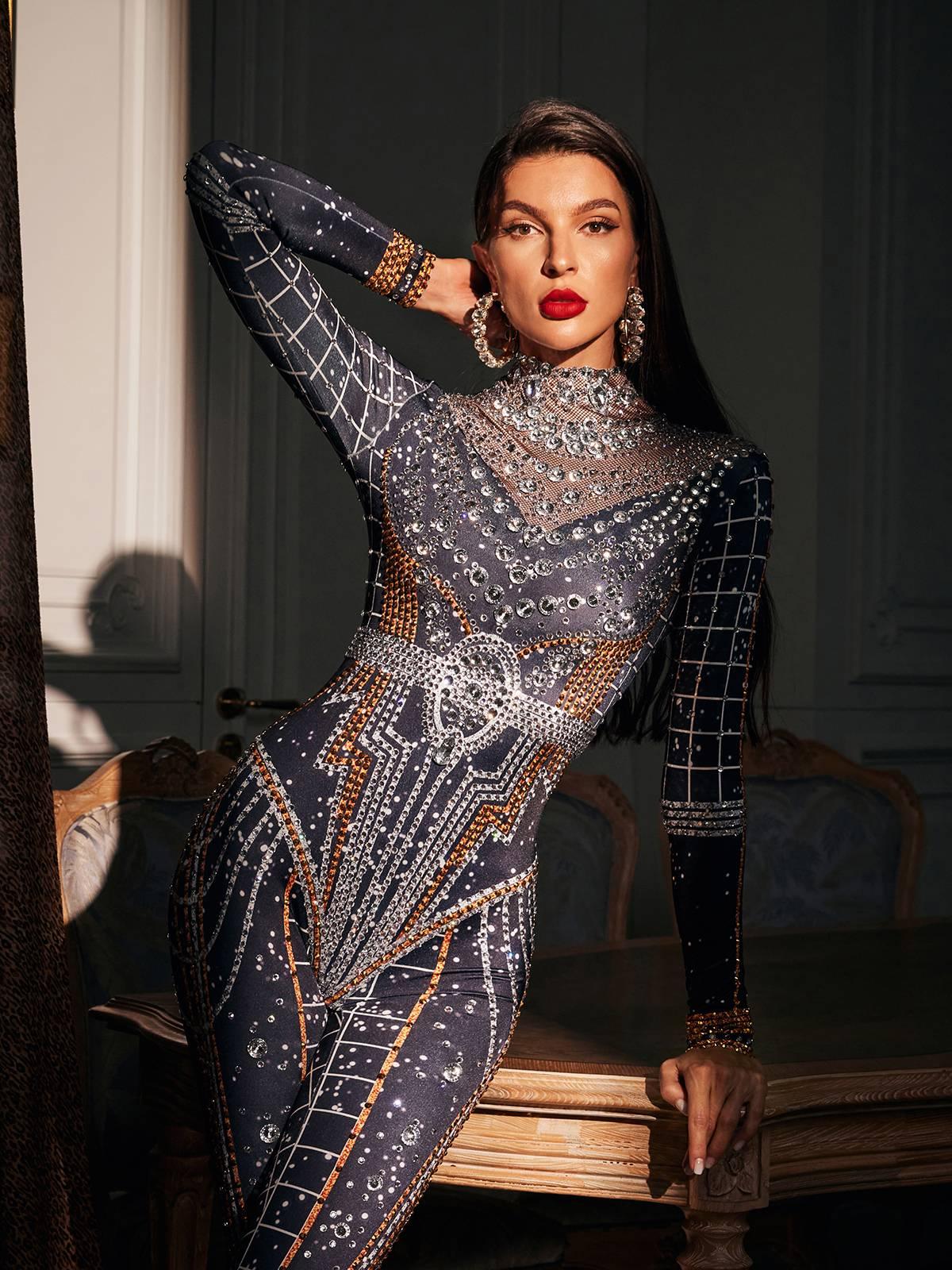 Micaela Printed Rhinestone Jumpsuit - Mew Mews