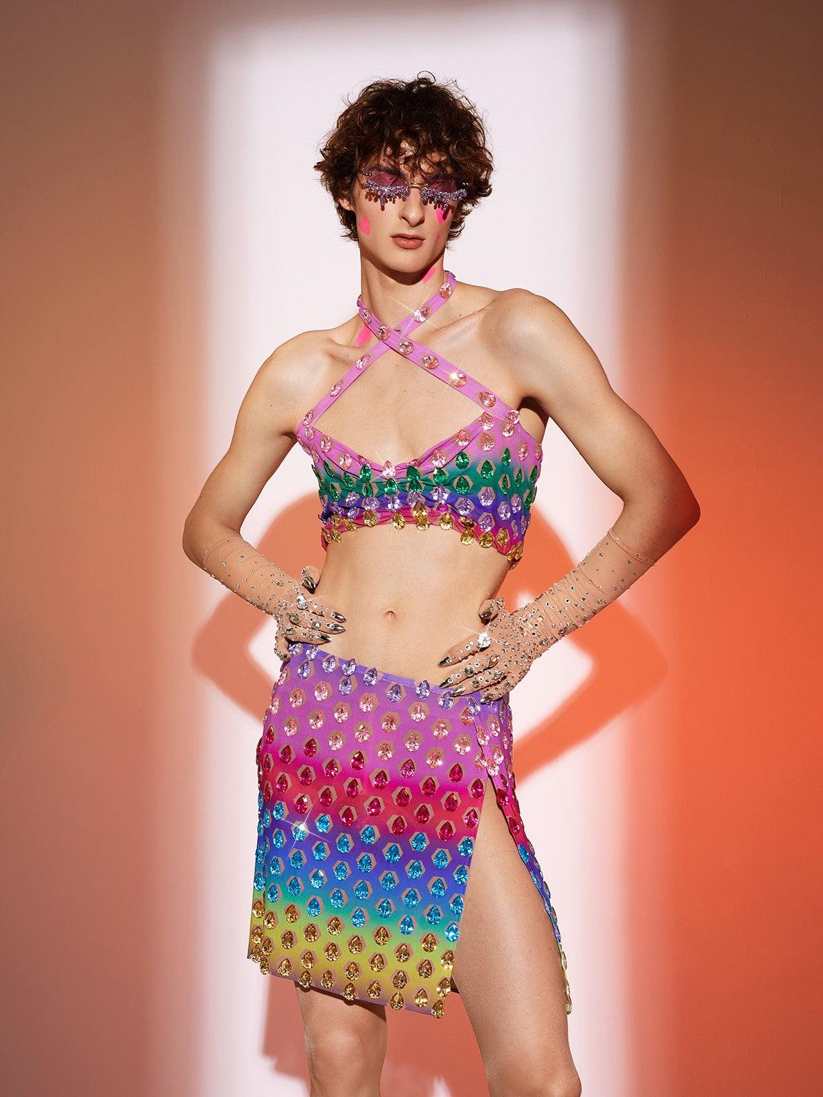 Micaiah Halterneck Rainbow Rhinestone Top Set - Mew Mews