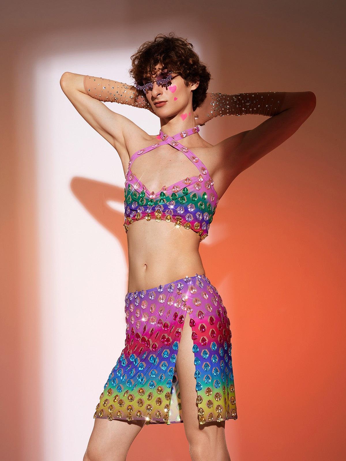 Micaiah Halterneck Rainbow Rhinestone Top Set - Mew Mews