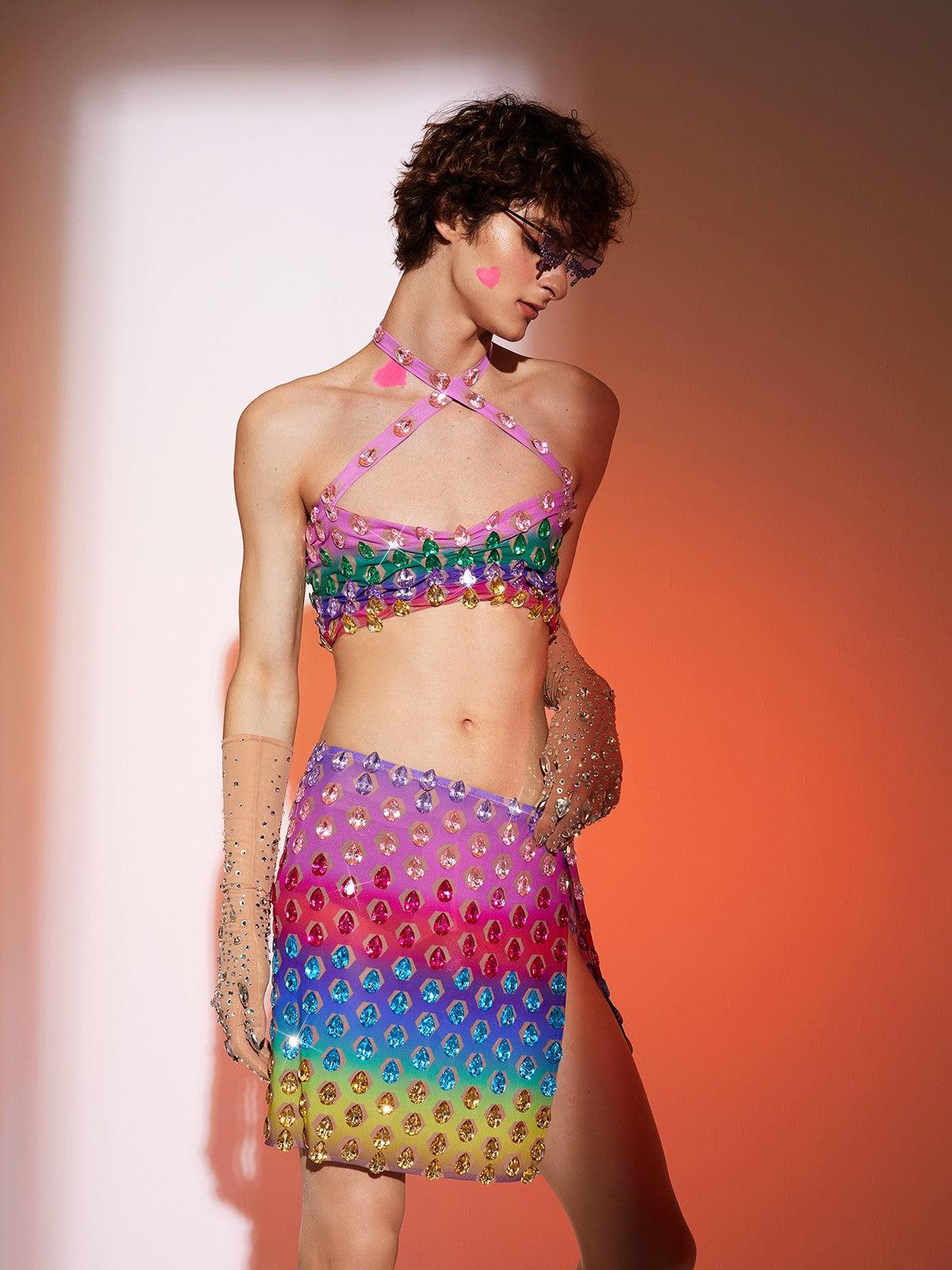 Micaiah Halterneck Rainbow Rhinestone Top Set - Mew Mews