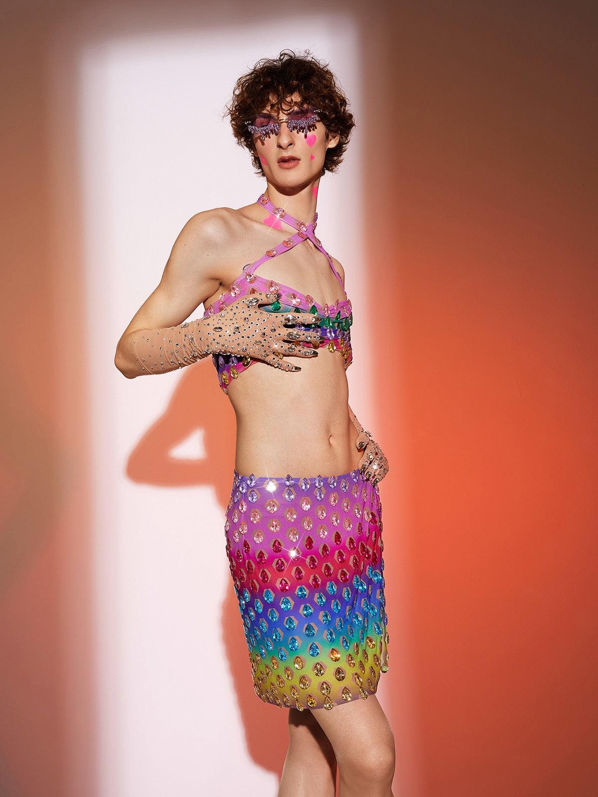 Micaiah Halterneck Rainbow Rhinestone Top Set - Mew Mews