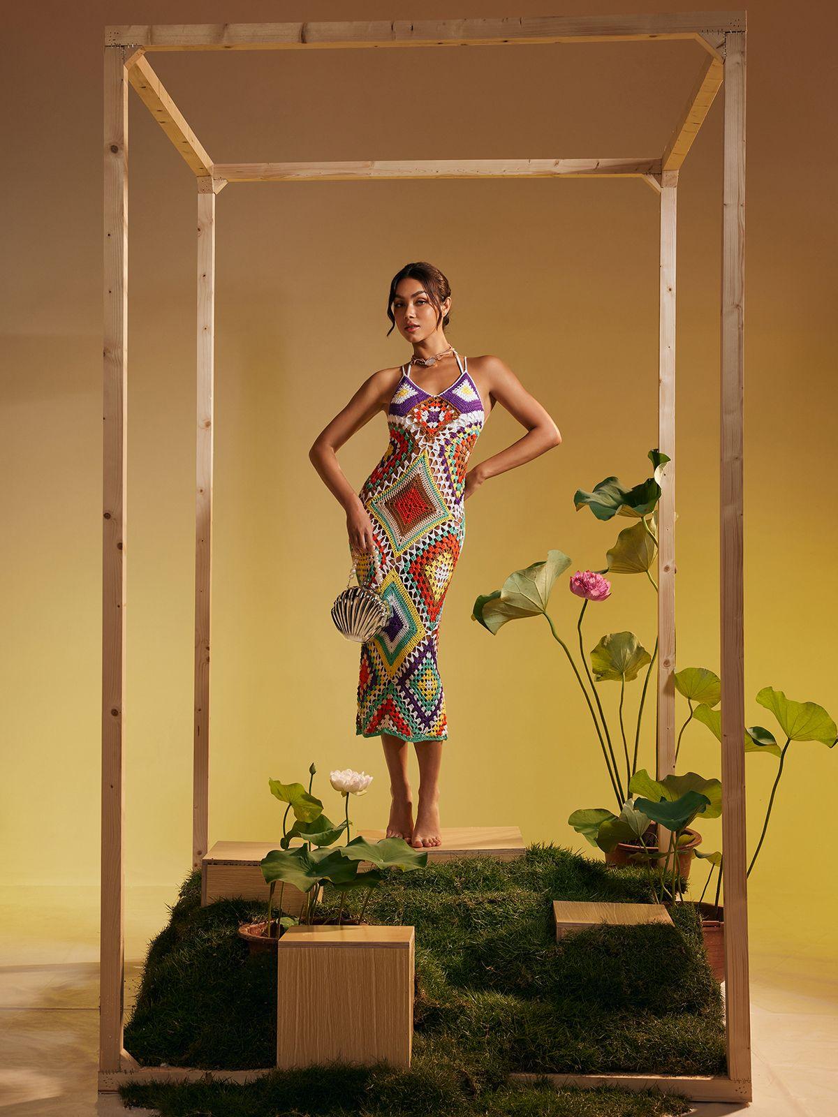 Monroe Spaghetti Patchwork Hollow Knitted Dress - Mew Mews