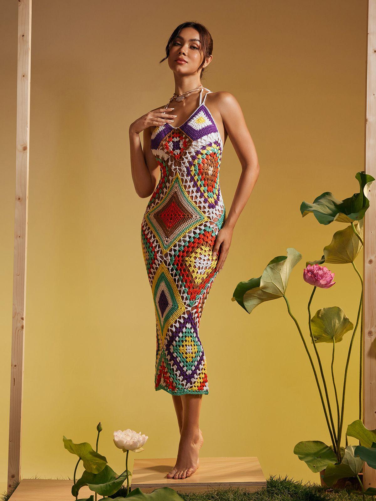 Monroe Spaghetti Patchwork Hollow Knitted Dress - Mew Mews