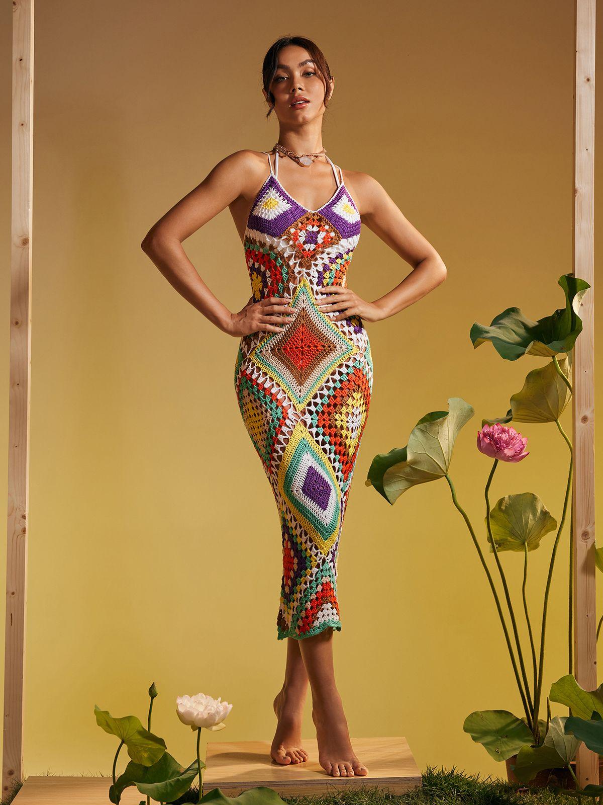 Monroe Spaghetti Patchwork Hollow Knitted Dress - Mew Mews