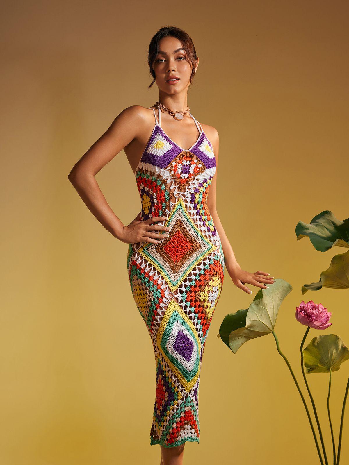 Monroe Spaghetti Patchwork Hollow Knitted Dress - Mew Mews