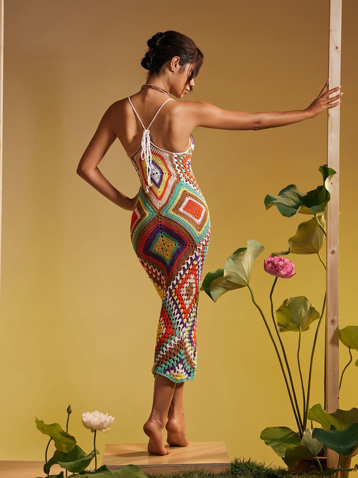 Monroe Spaghetti Patchwork Hollow Knitted Dress - Mew Mews