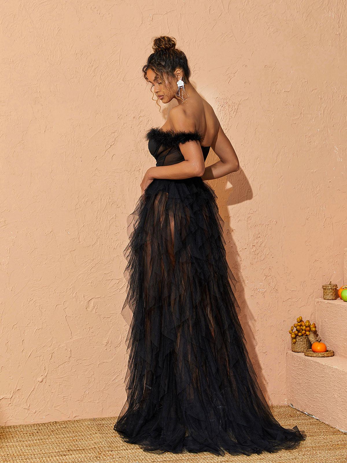 Titania One Shoulder Tulle Maxi Dress In Black - Mew Mews