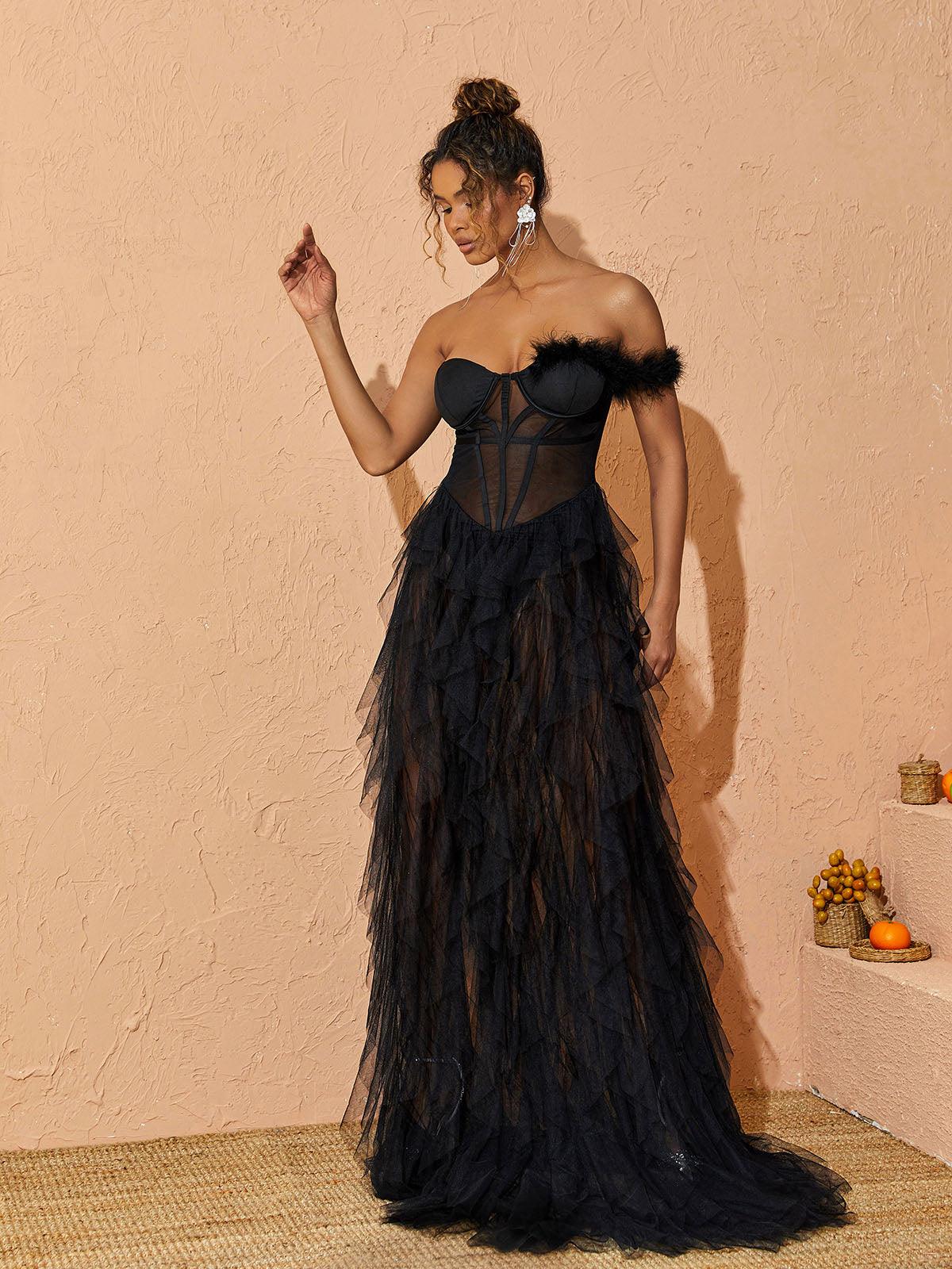 Titania One Shoulder Tulle Maxi Dress In Black - Mew Mews