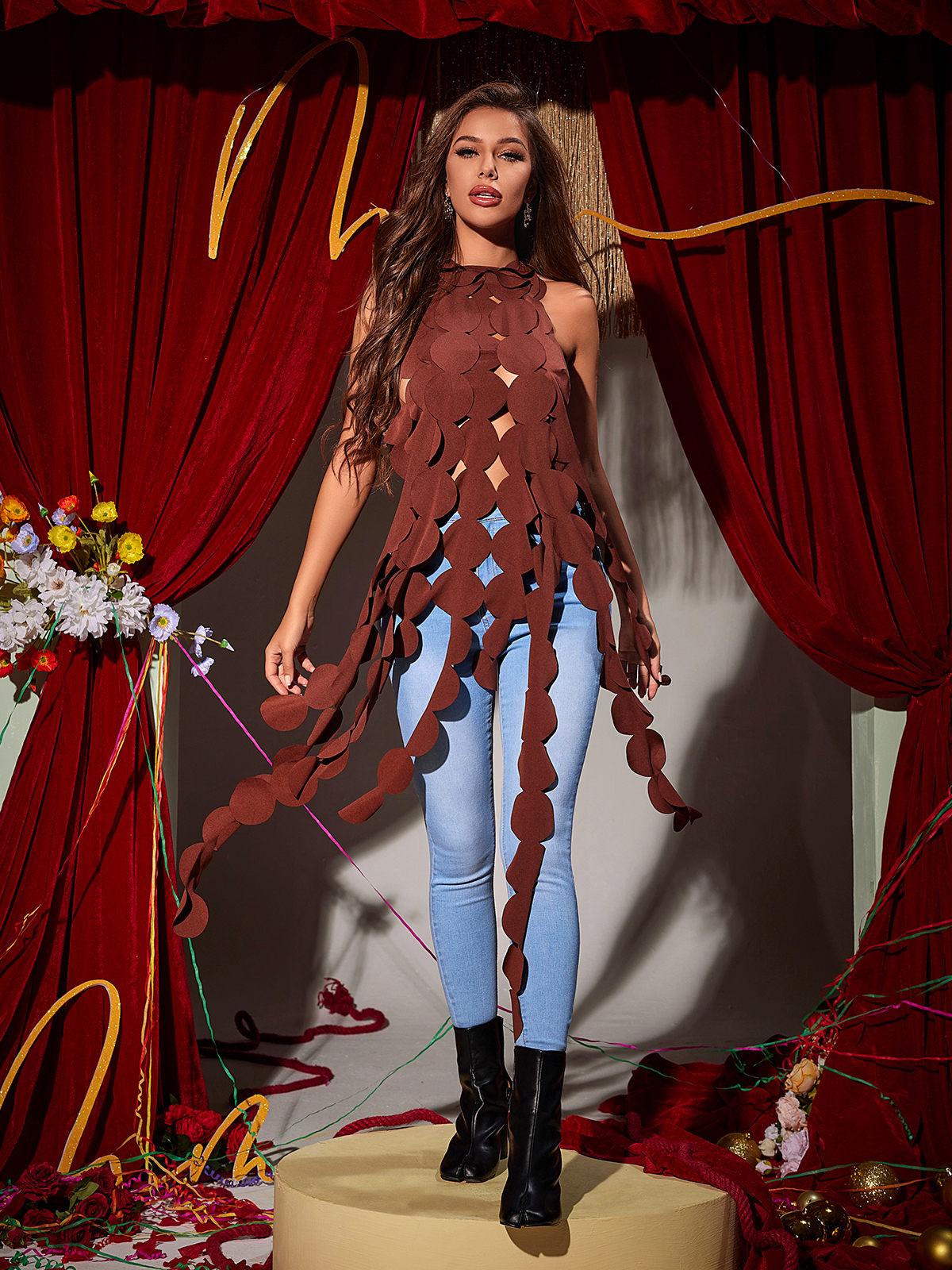 Nyx Backless Circle Cutout Fringe Top In Brown - Mew Mews