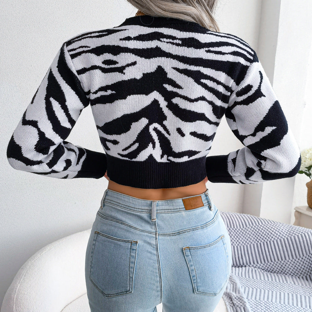 Tiger Stripe Printed Long Sleeve Crop Sweater-CALLISTARI