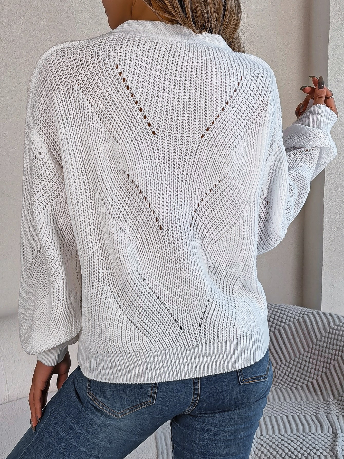Elegant Hollow Out Buttoned Lantern Sleeve Sweater-CALLISTARI