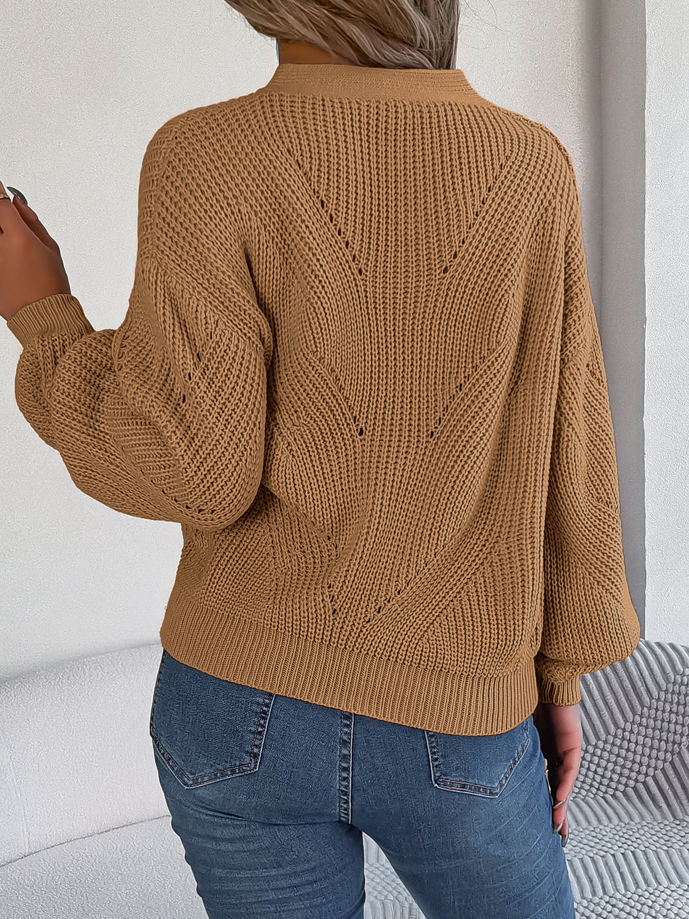 Elegant Hollow Out Buttoned Lantern Sleeve Sweater-CALLISTARI