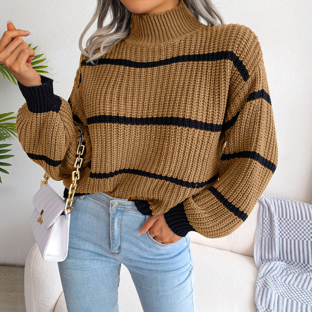 Casual Striped Lantern Sleeve Knitted Sweater-CALLISTARI