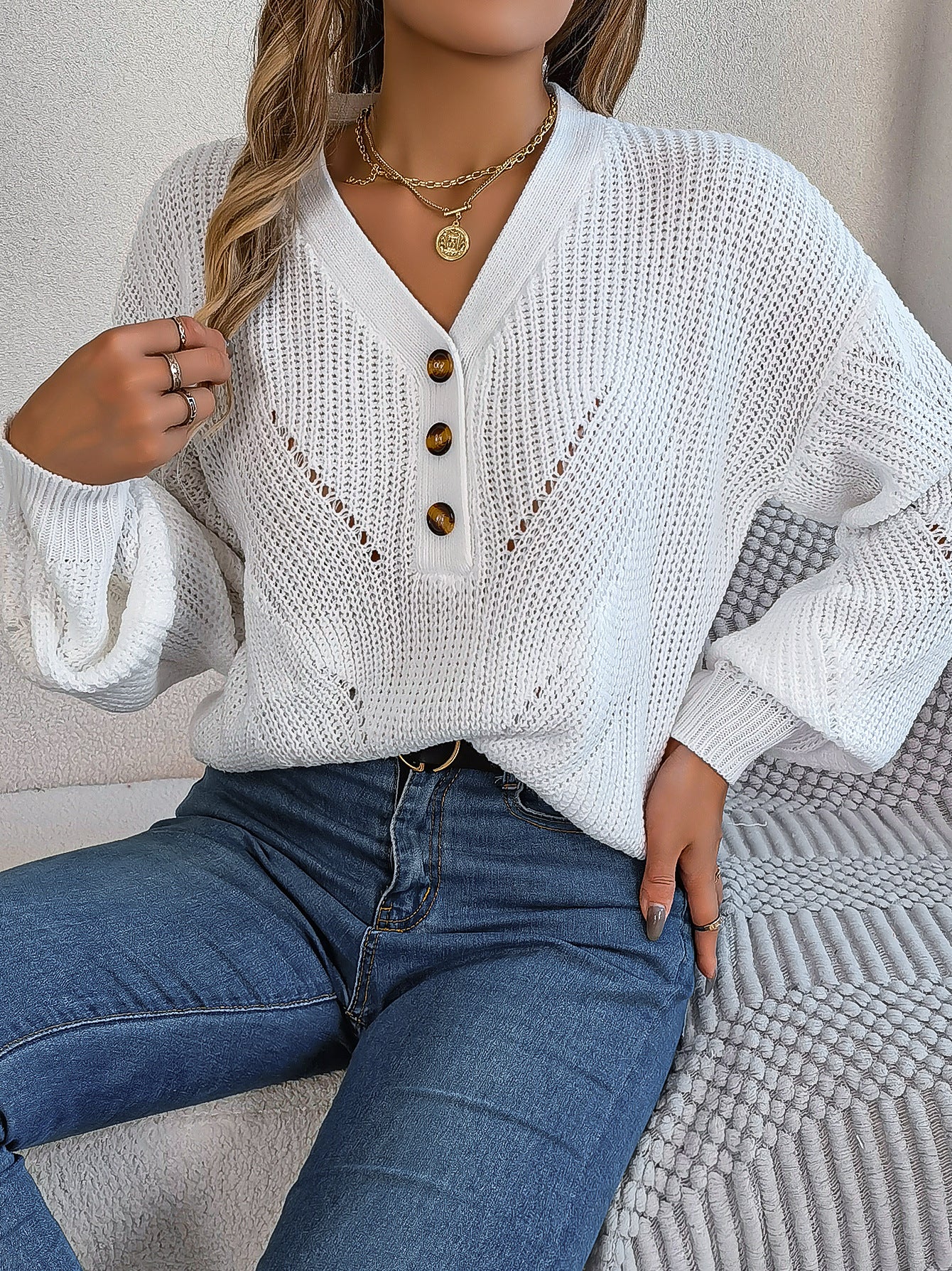 Elegant Hollow Out Buttoned Lantern Sleeve Sweater-CALLISTARI