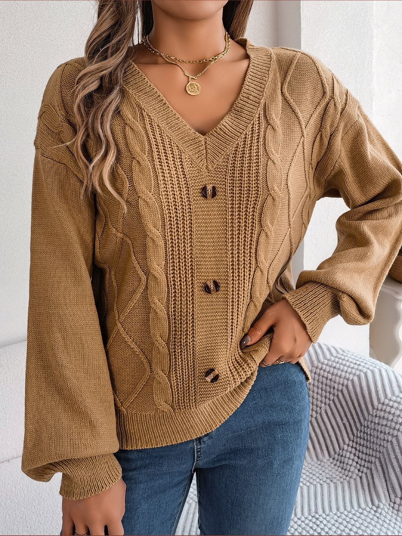 Button Twist Knit Lantern Sleeve Pullover Sweater-CALLISTARI