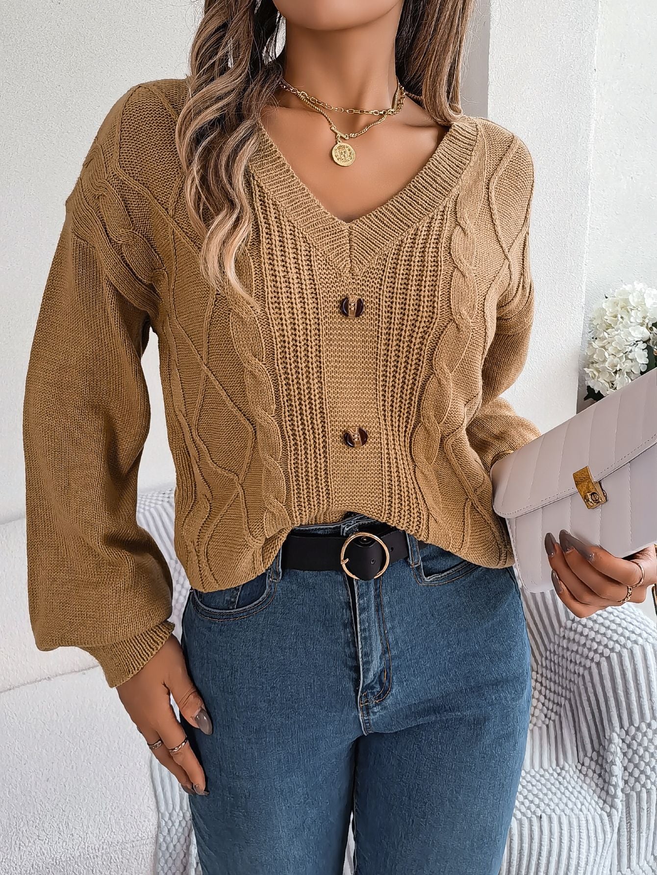 Button Twist Knit Lantern Sleeve Pullover Sweater-CALLISTARI