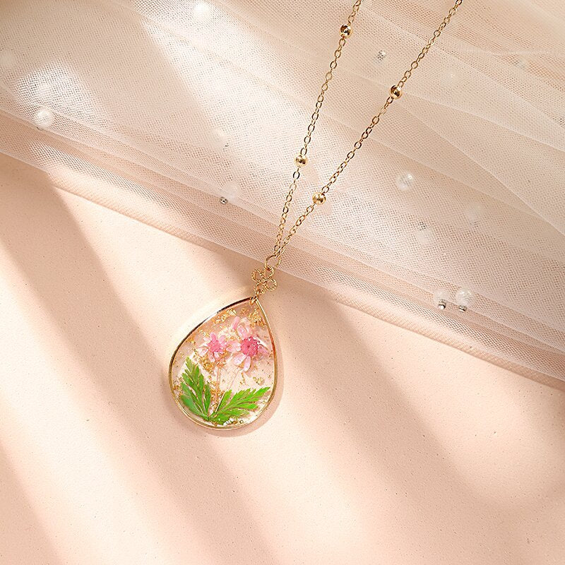 Resin Pressed Flower Necklaces - Gold Foil Tulip & Ferns-CALLISTARI