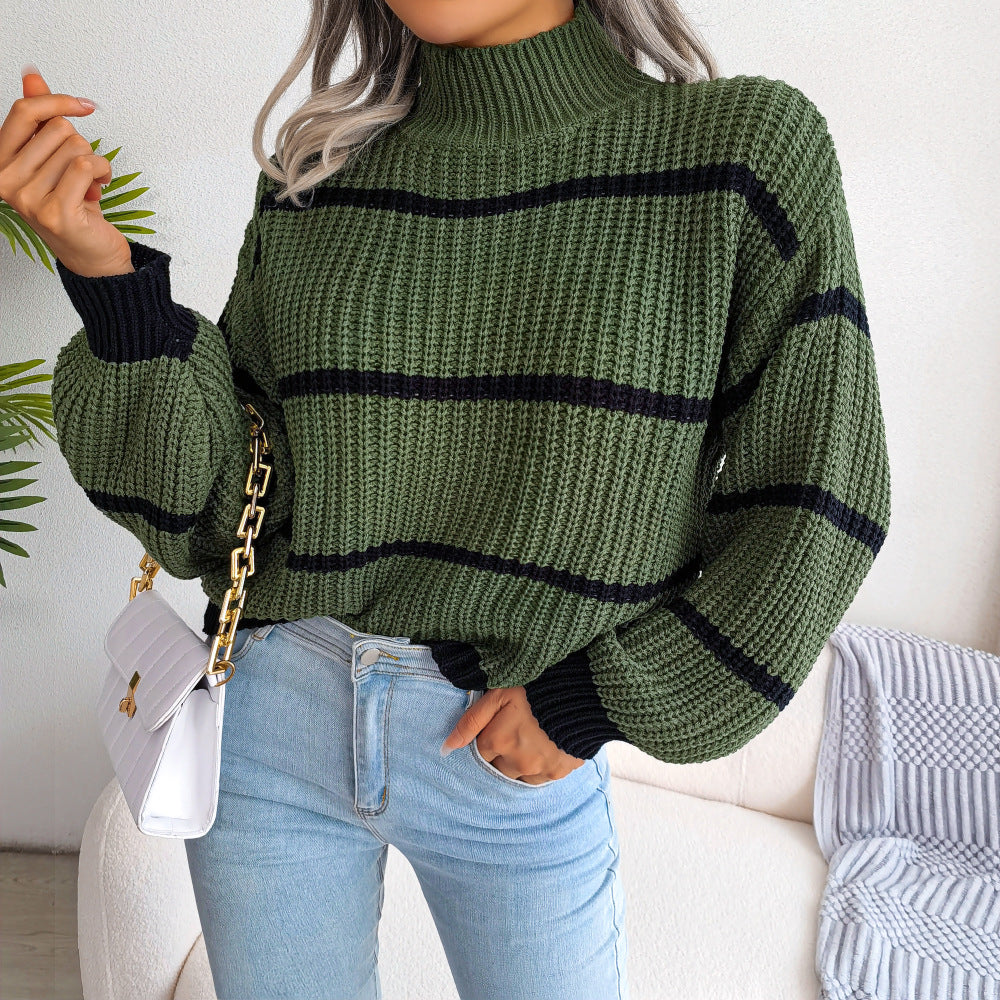 Casual Striped Lantern Sleeve Knitted Sweater-CALLISTARI