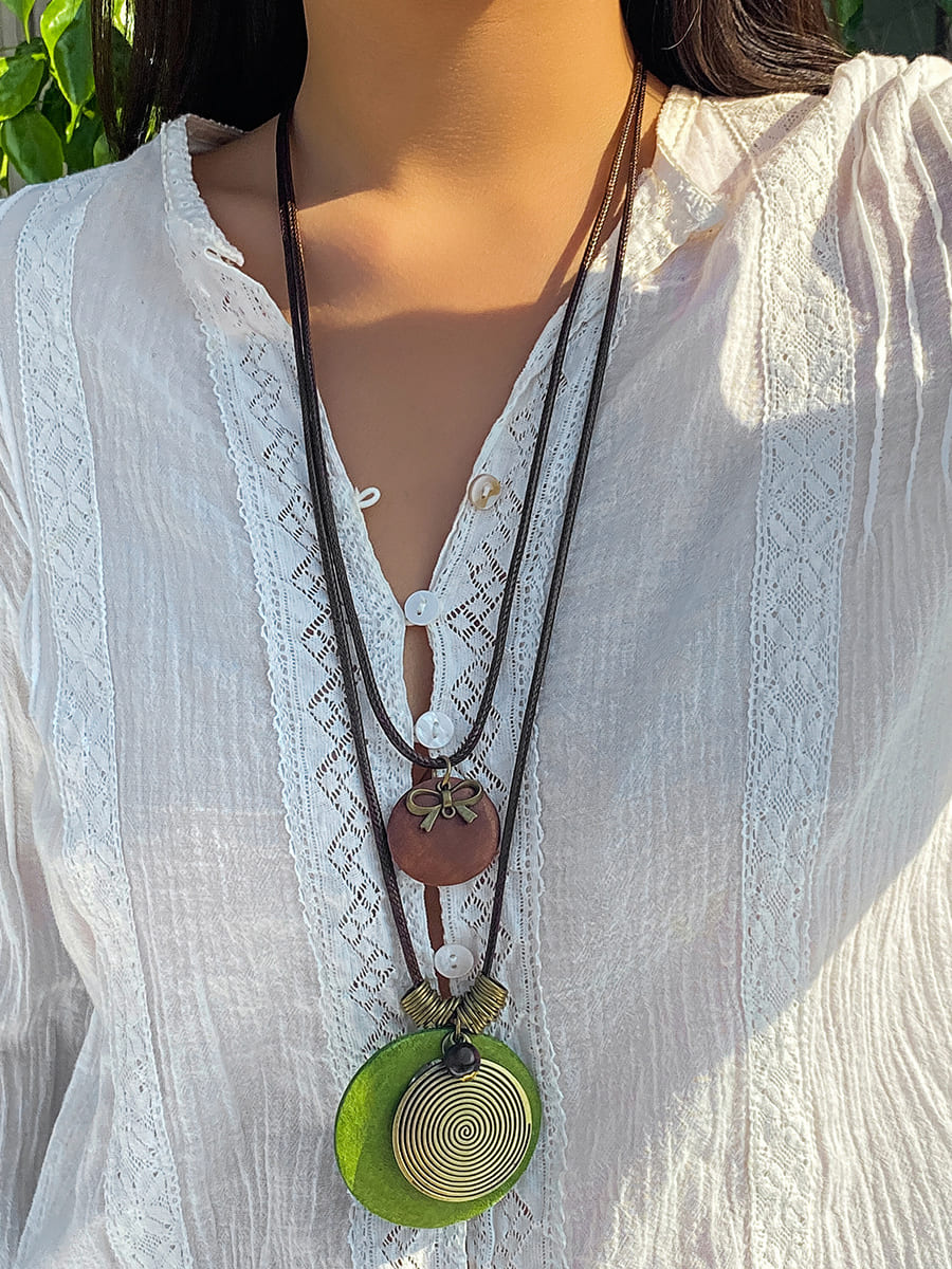 Wooden Disc Beaded Long Necklace-CALLISTARI