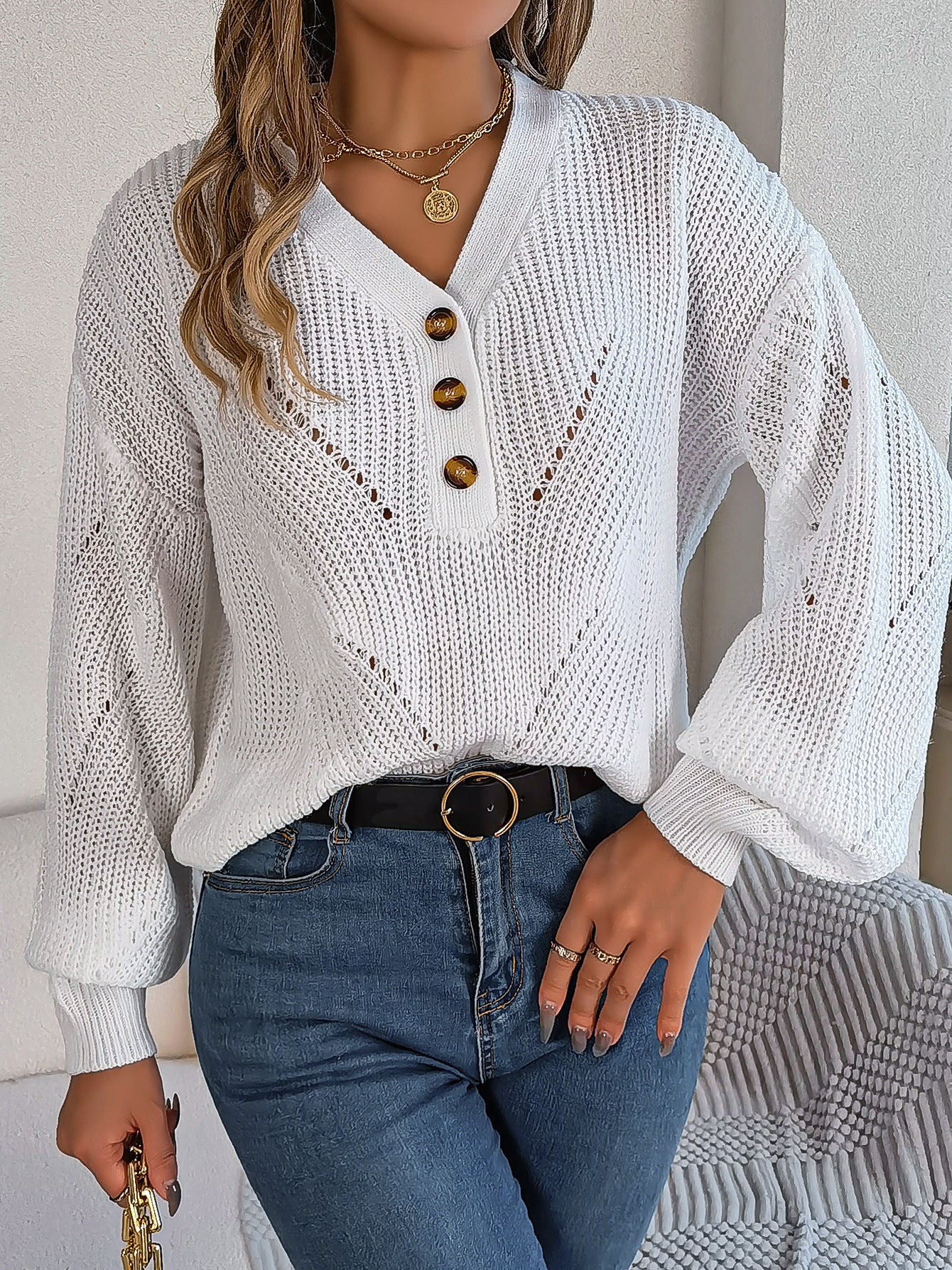Elegant Hollow Out Buttoned Lantern Sleeve Sweater-CALLISTARI