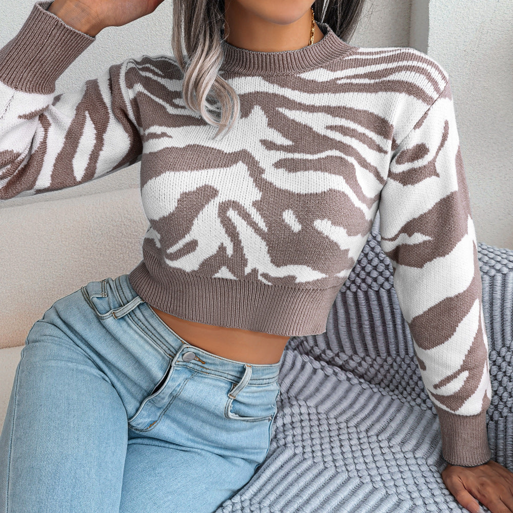 Tiger Stripe Printed Long Sleeve Crop Sweater-CALLISTARI