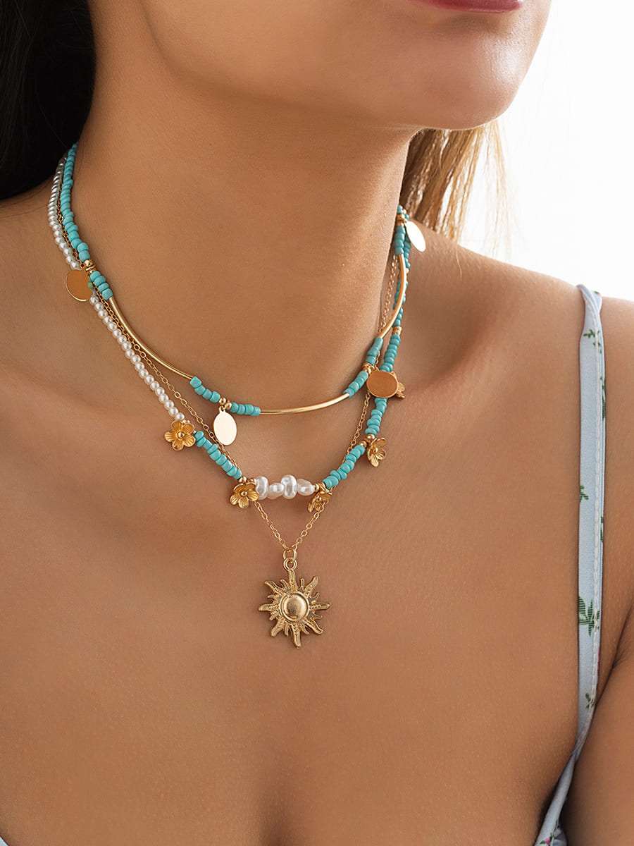 3pcs Sun & Floral Faux Pearl Beaded Necklace-CALLISTARI