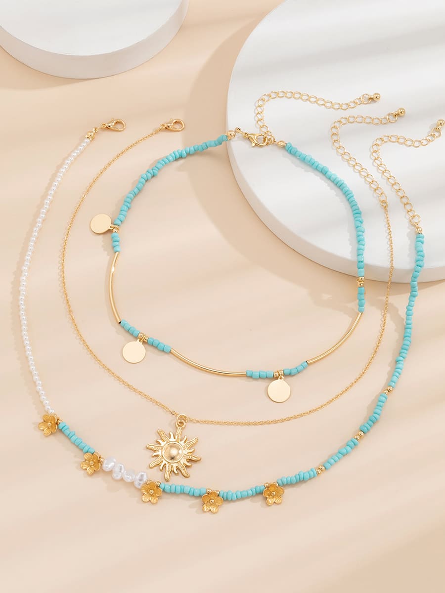 3pcs Sun & Floral Faux Pearl Beaded Necklace-CALLISTARI