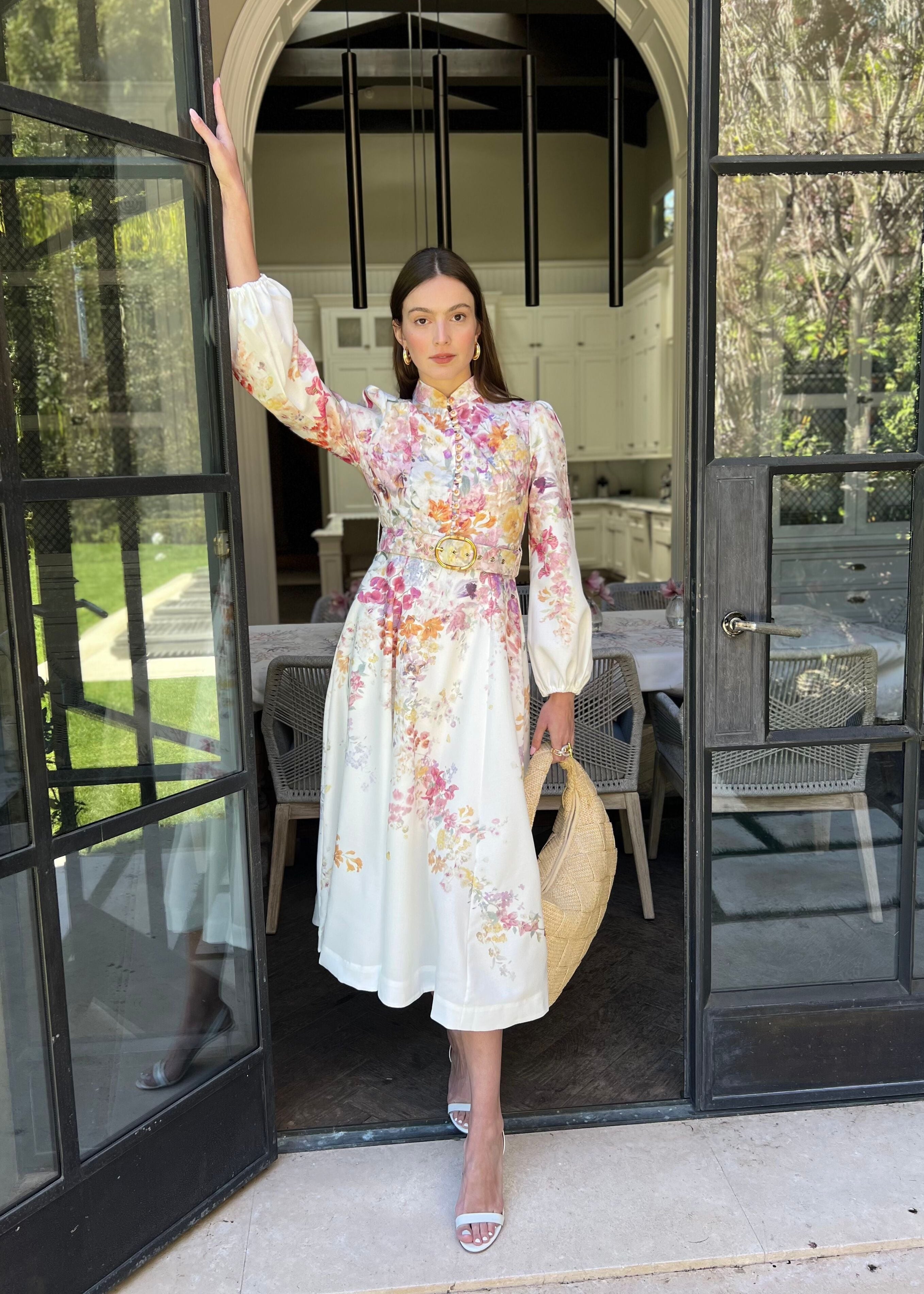 Anastasia Long Puff Sleeve Multicolor Floral Midi Dress