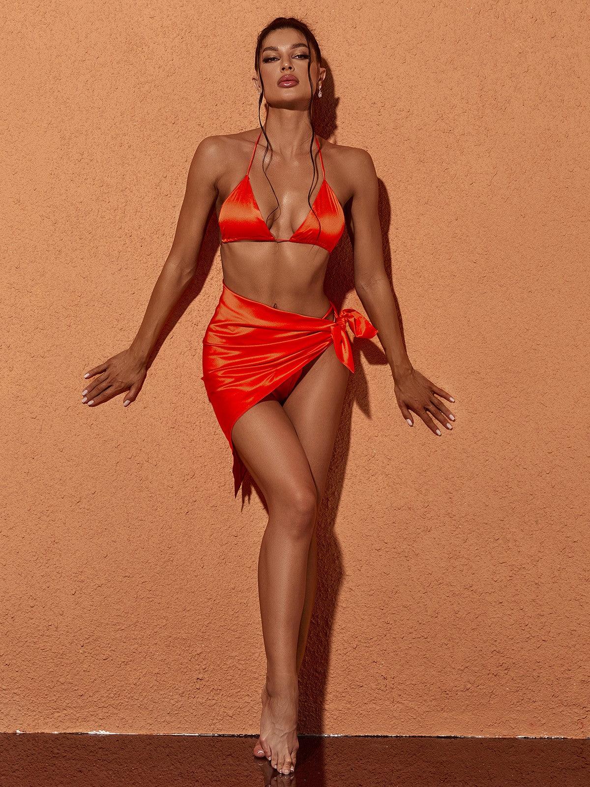 Orelia Satin Bikini Three Piece Set In Orange - Mew Mews
