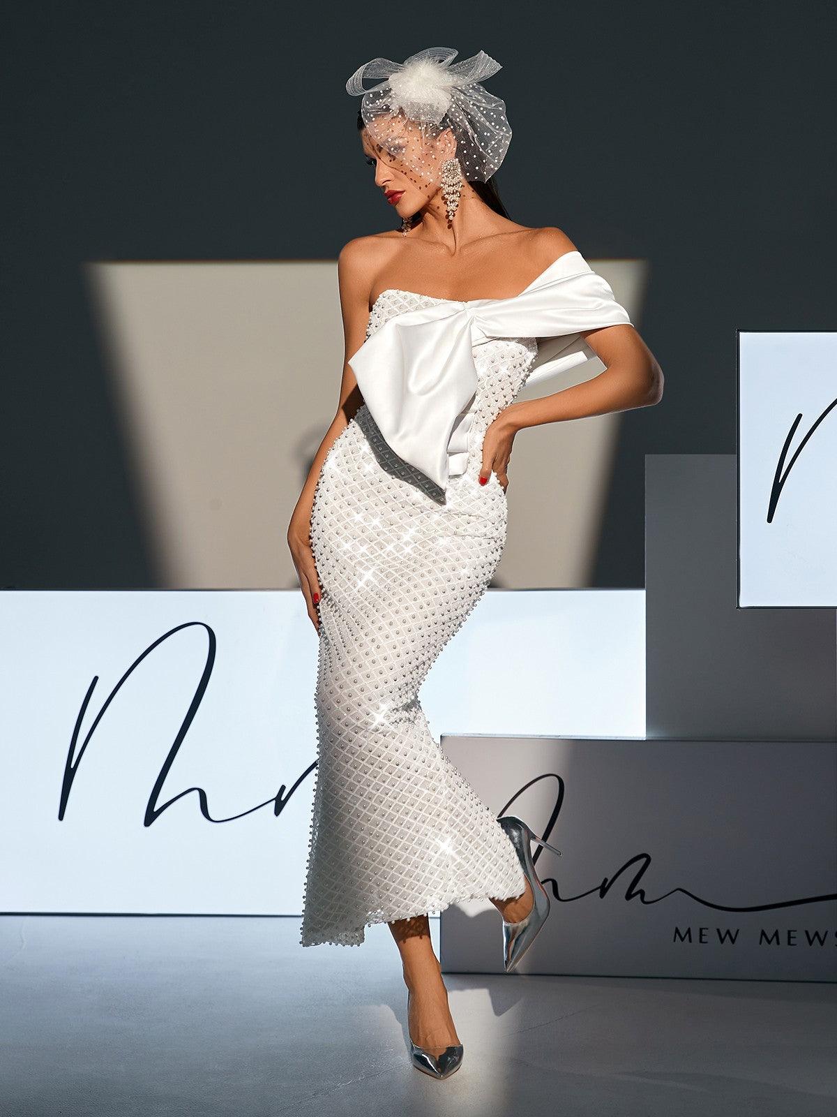 Ozzy Strapless Bow Pearl Embellished Maxi Dress - Mew Mews