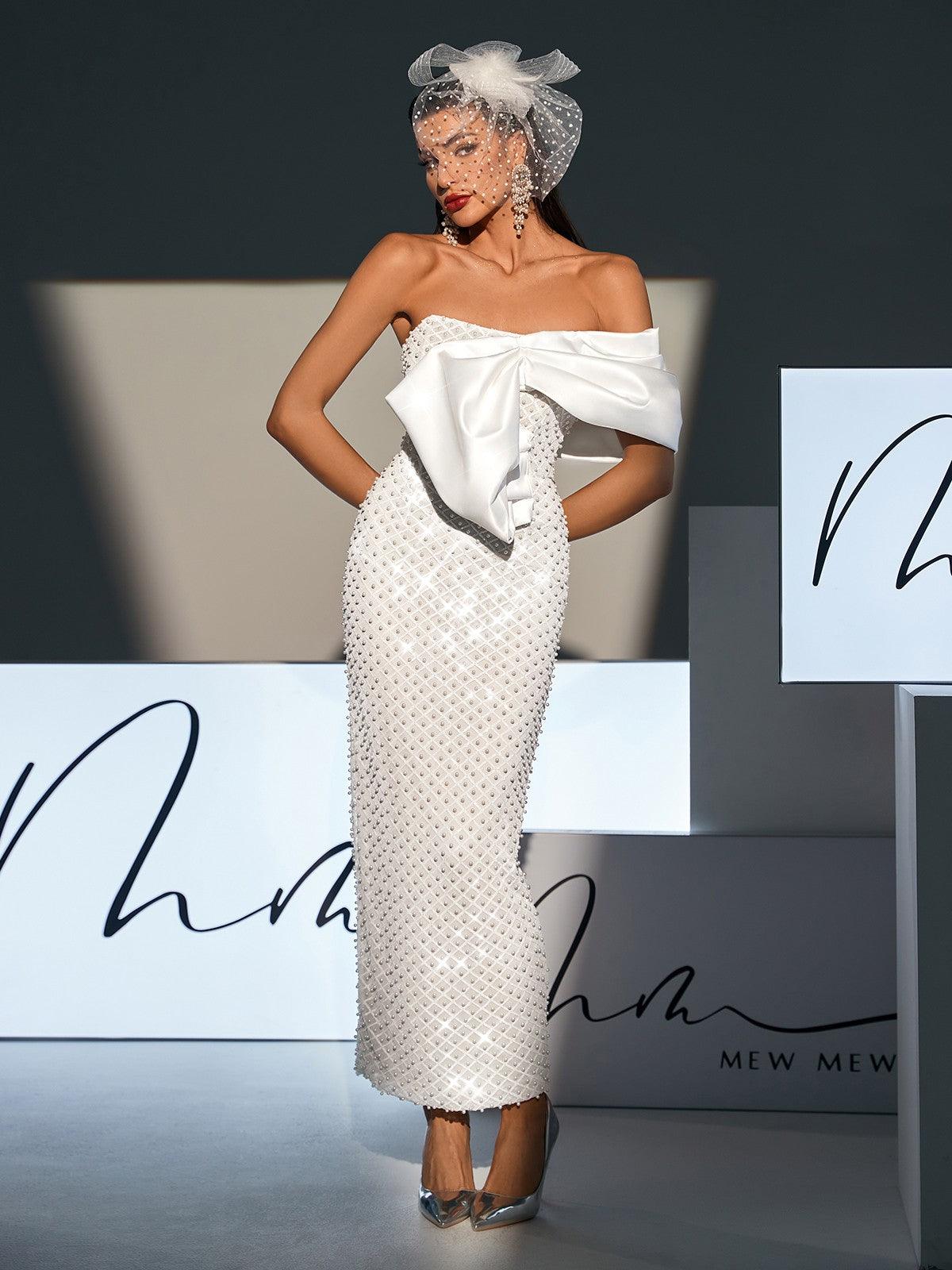 Ozzy Strapless Bow Pearl Embellished Maxi Dress - Mew Mews