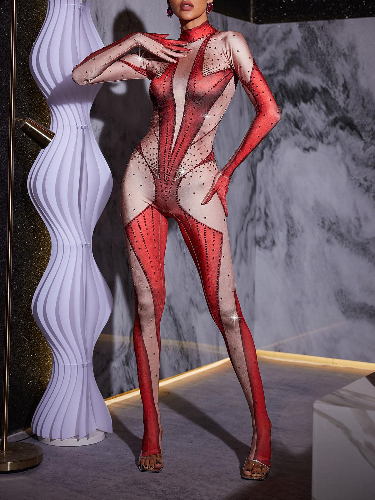 Pera Body Printed Rhinestone Gloves Jumpsuit In Red - Mew Mews