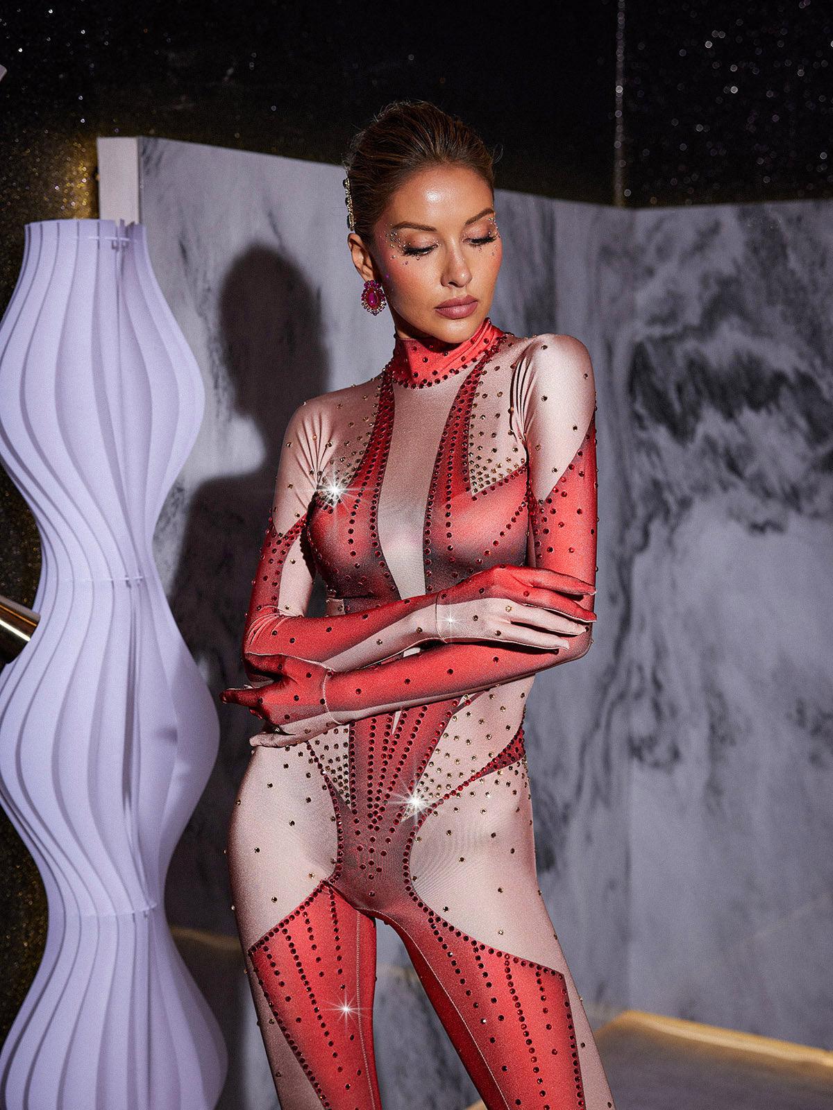 Pera Body Printed Rhinestone Gloves Jumpsuit In Red - Mew Mews