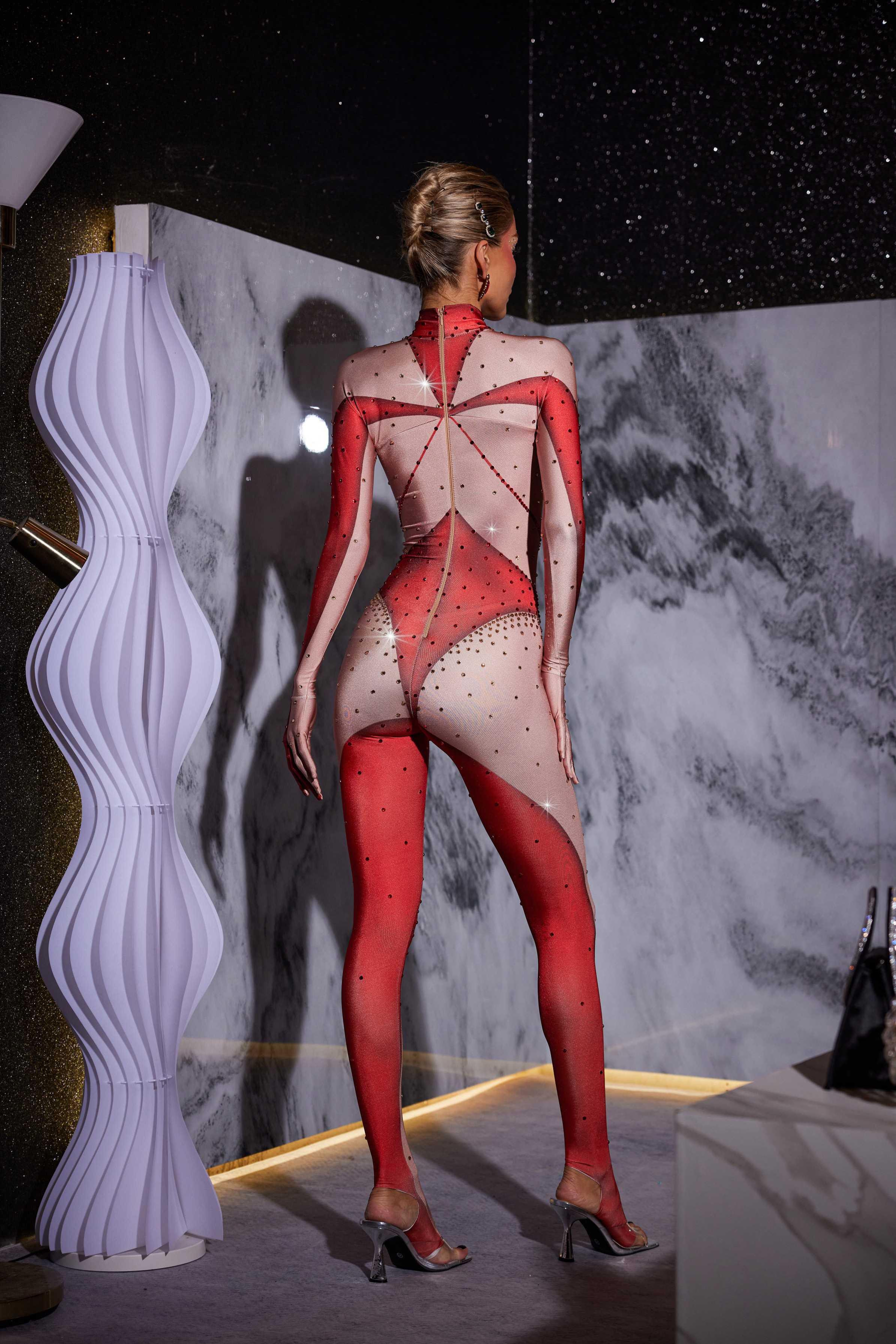 Pera Body Printed Rhinestone Gloves Jumpsuit In Red - Mew Mews