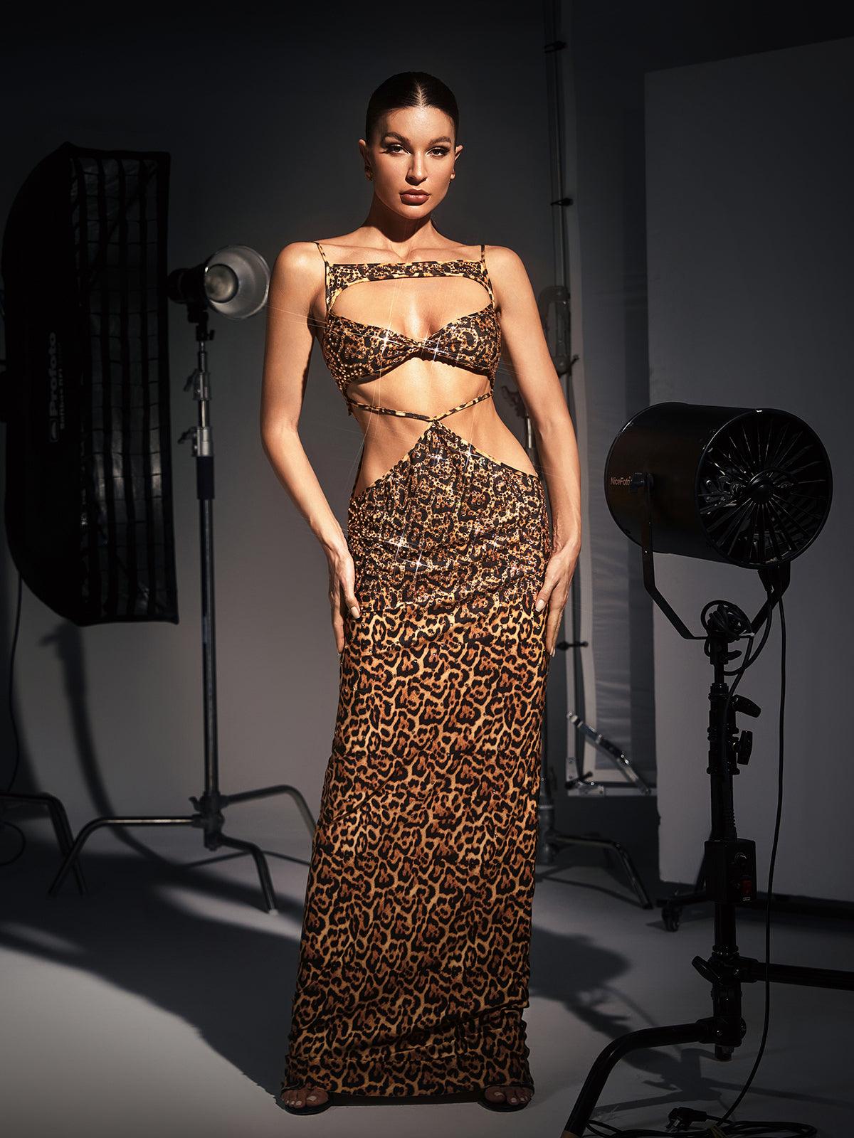 Peyton Crystal Embellished Leopard Maxi Dress - Mew Mews