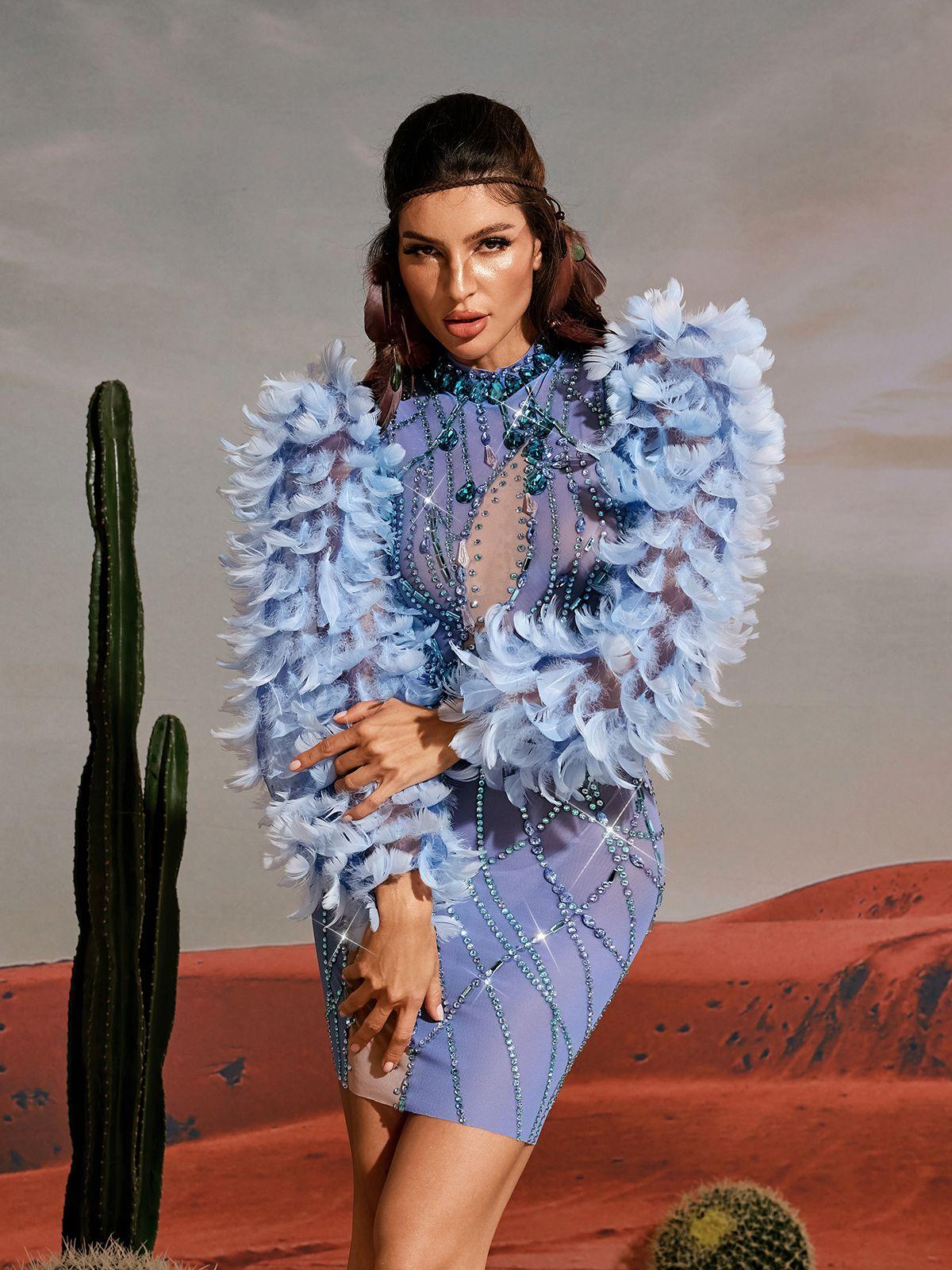 Platon Long Sleeve Feather Embellished Mini Dress - Mew Mews