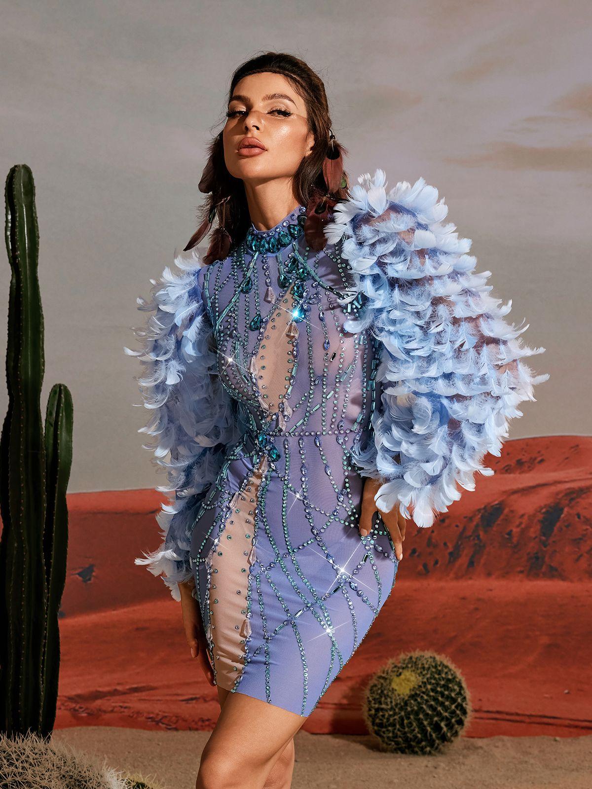 Platon Long Sleeve Feather Embellished Mini Dress - Mew Mews