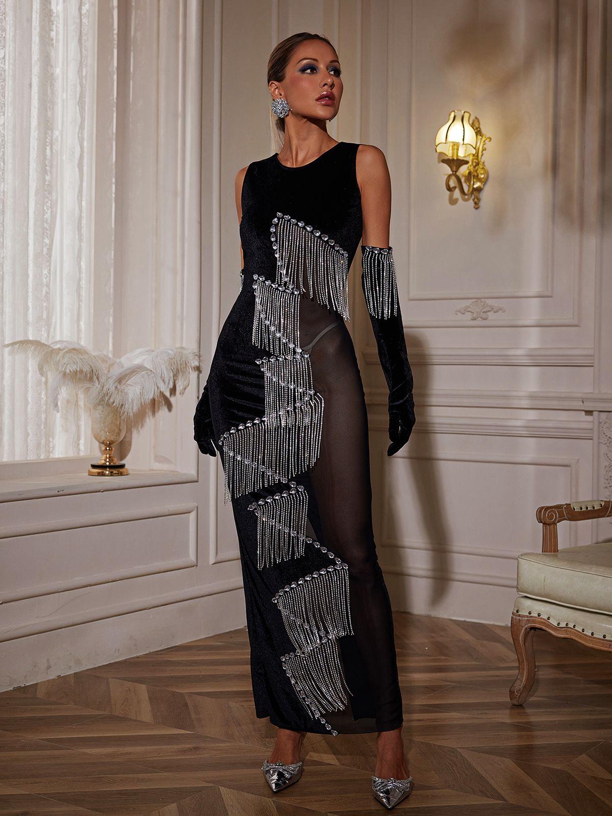 Ragnar Patchwork Crystal Fringe Maxi Dress With Gloves - Mew Mews