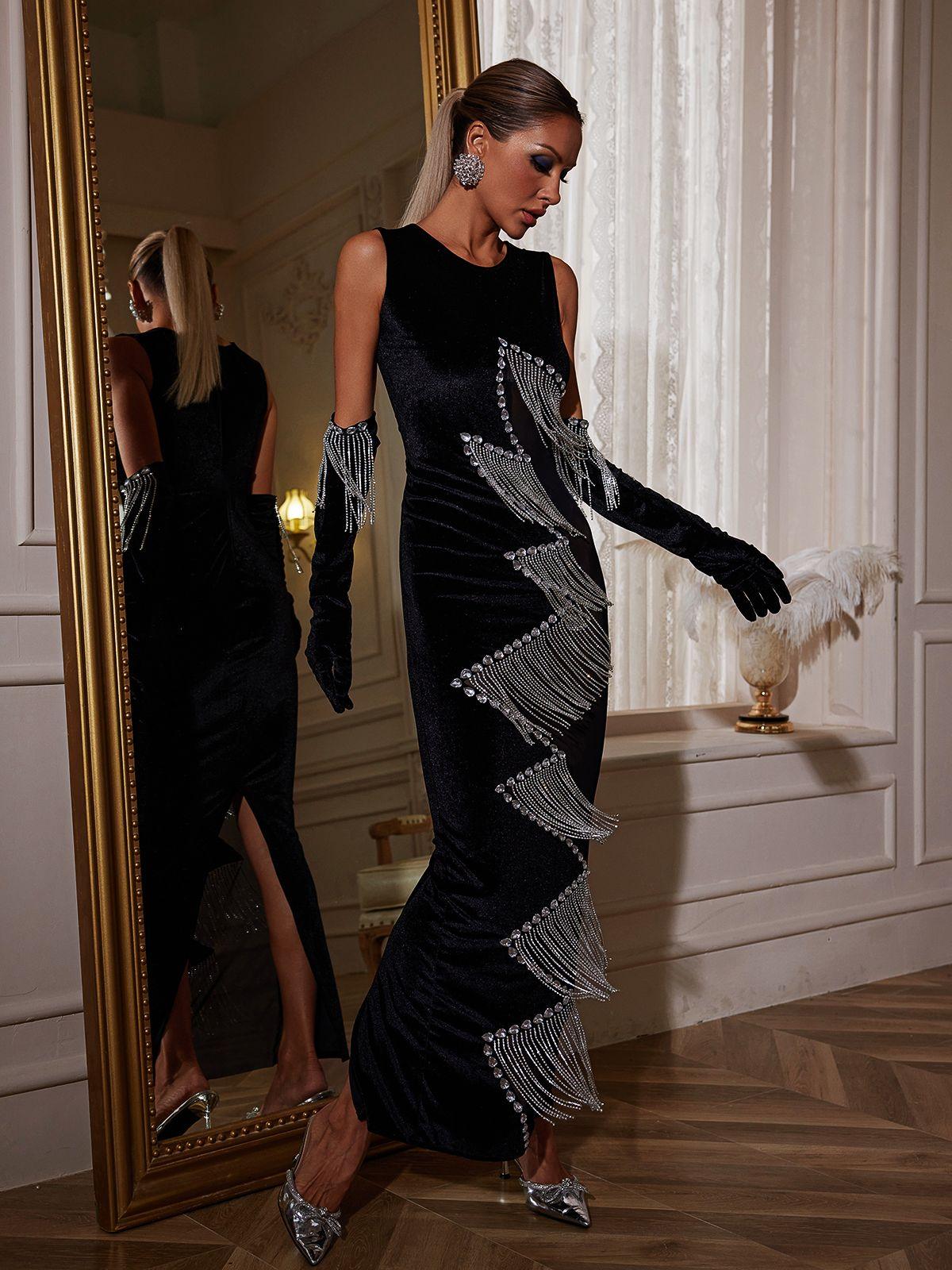 Ragnar Patchwork Crystal Fringe Maxi Dress With Gloves - Mew Mews