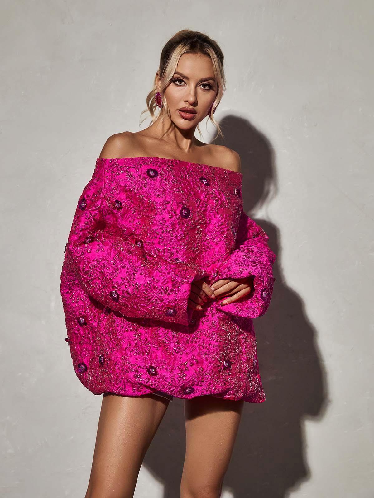 Aanya Long Sleeve Jacquard Mini Dress - Mew Mews