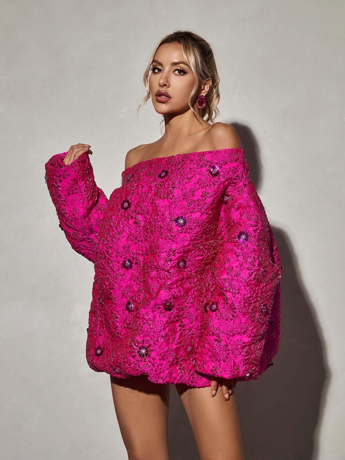 Aanya Long Sleeve Jacquard Mini Dress - Mew Mews