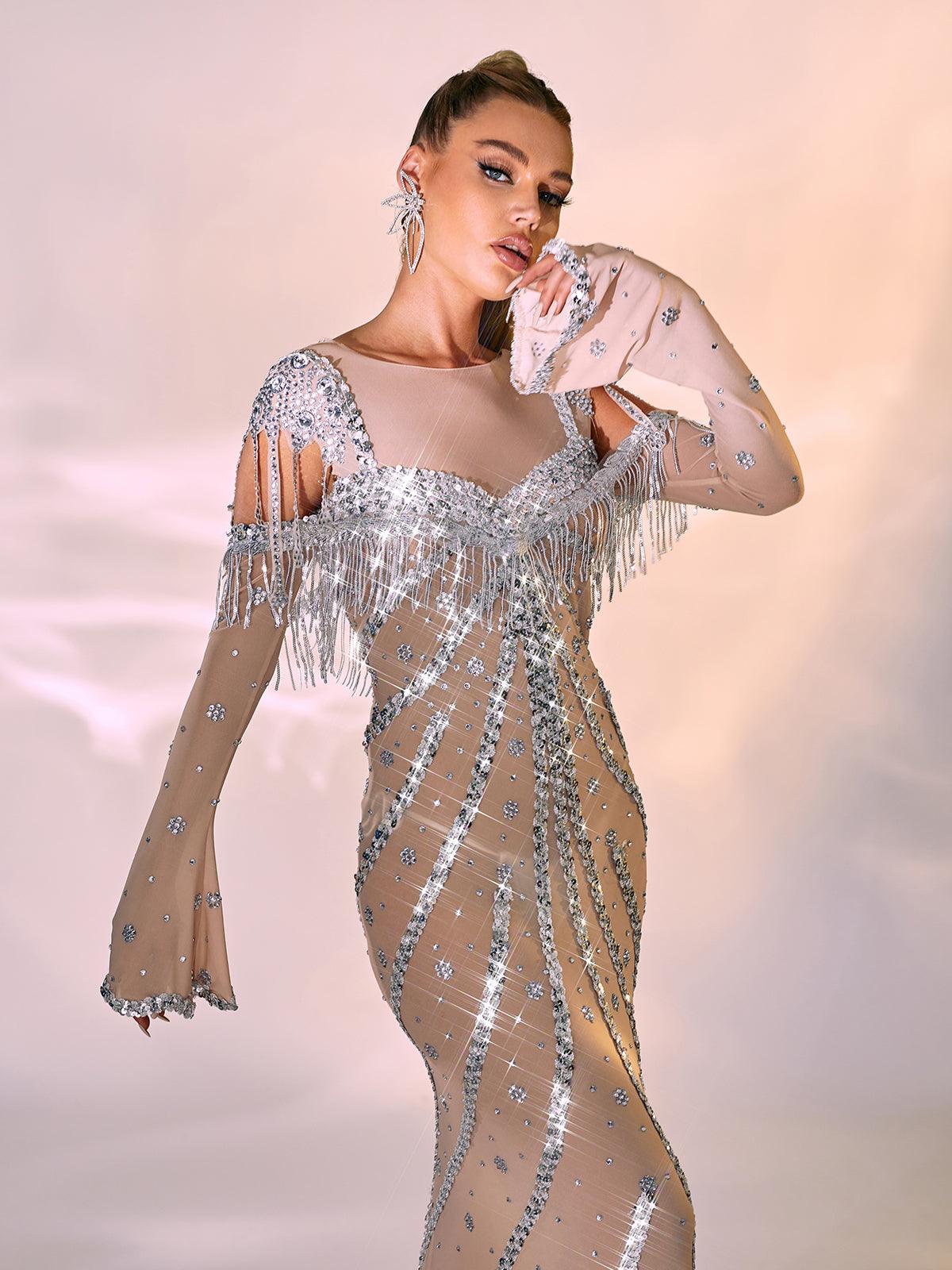 Reagan Long Sleeve Sequin Mesh Maxi Dress - Mew Mews